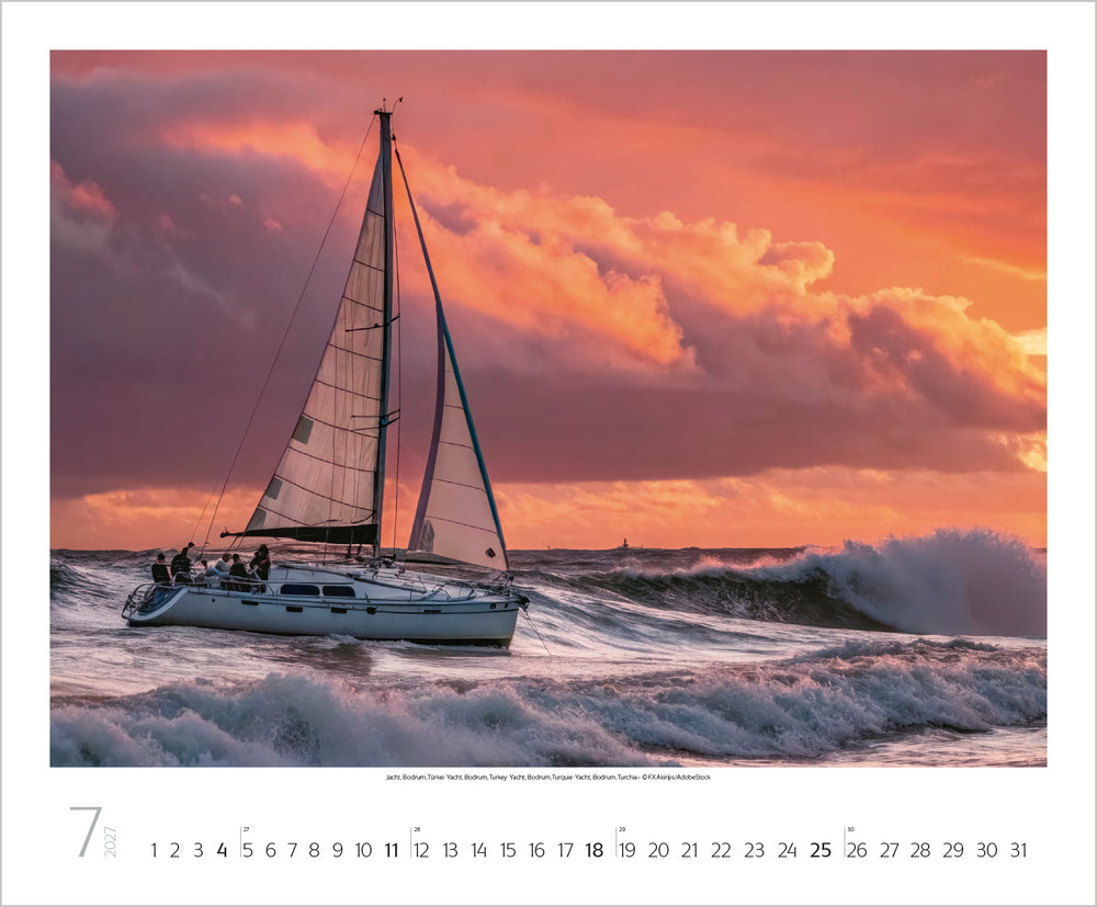 A sailing boat among waves with red clouds in the background.