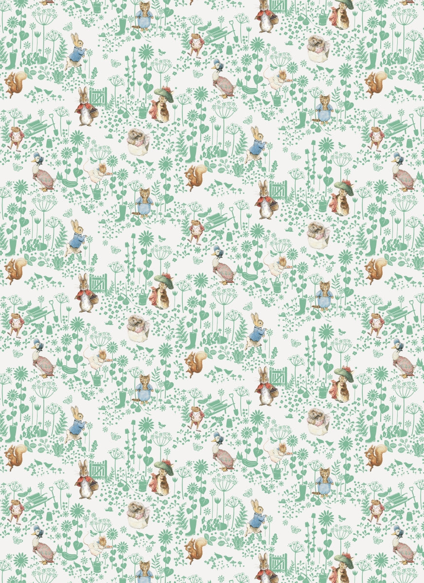 Patterned wallpaper with cartoon characters and greenery on a white background