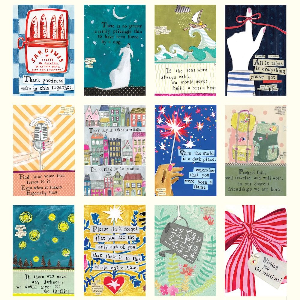 Collection of various greeting cards with different designs and text.