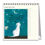 Calendar for February 2027 with a dog illustration on a teal background