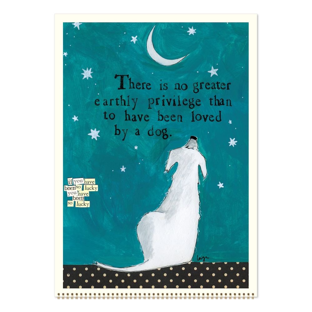 Teal background with white text and a white dog illustration, featuring a famous quote.
