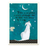 Teal background with white text and a white dog illustration, featuring a famous quote.