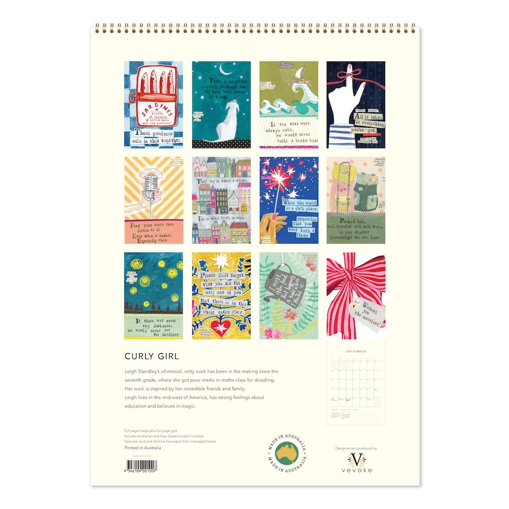 Calendar with colorful designs and text on a white background