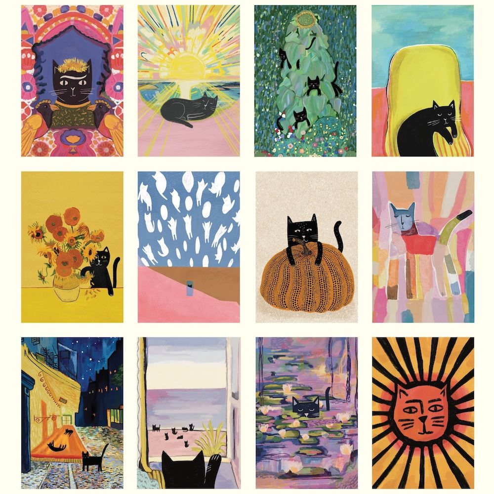Grid of colorful illustrations featuring cats in various poses and settings.
