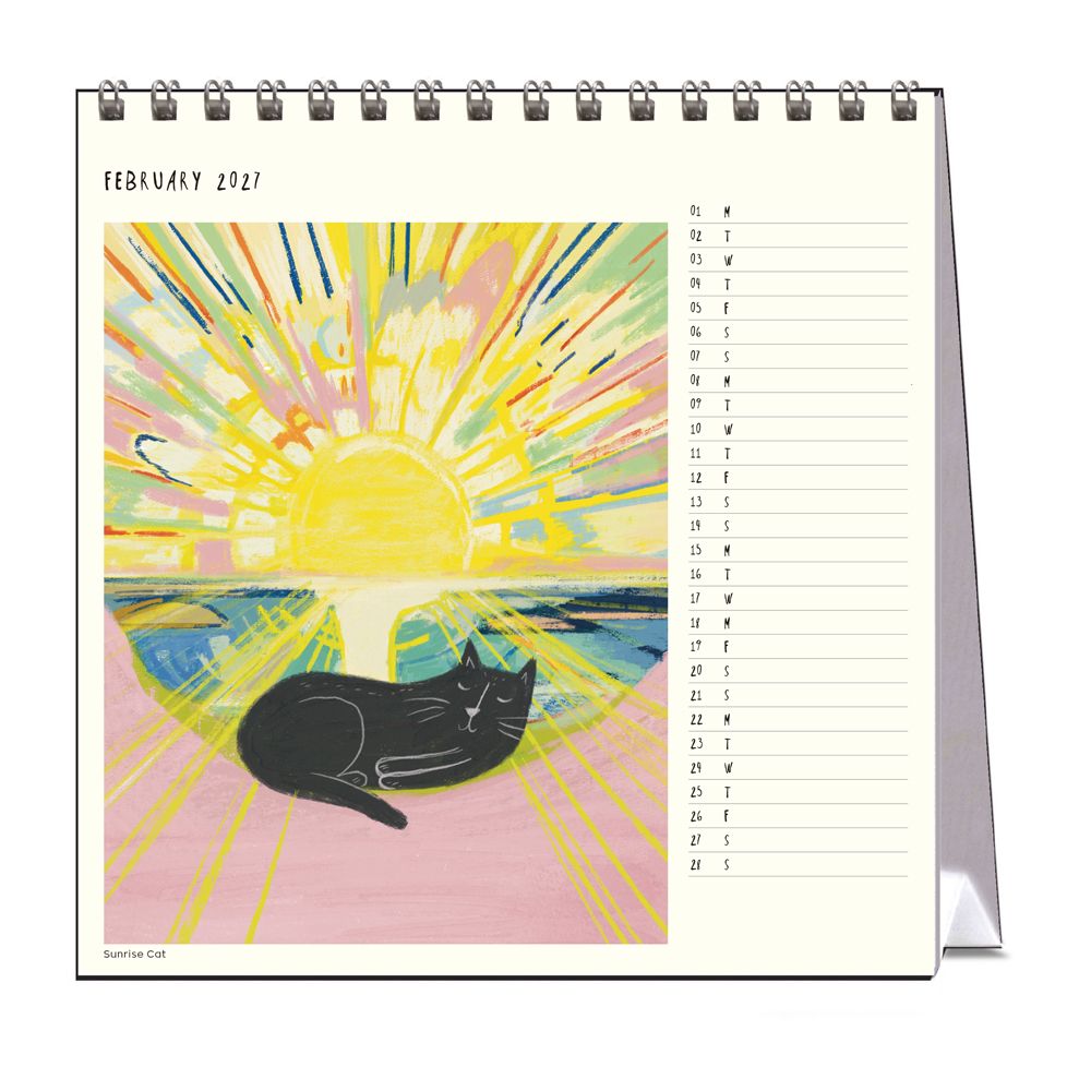 Calendar with a black cat illustration and colorful sun design on a white background