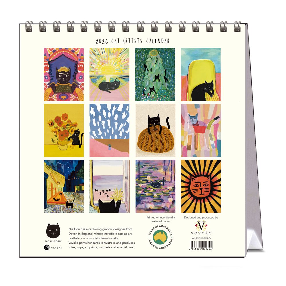 2026 Cat Artists Calendar with colorful cat illustrations on a white background