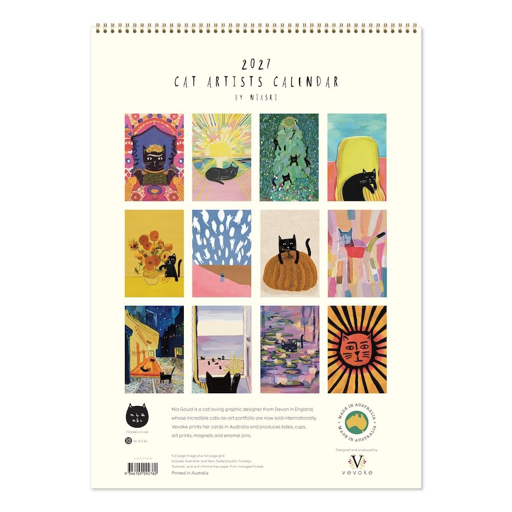 2027 Cat Artists calendar with colorful cat illustrations on a white background