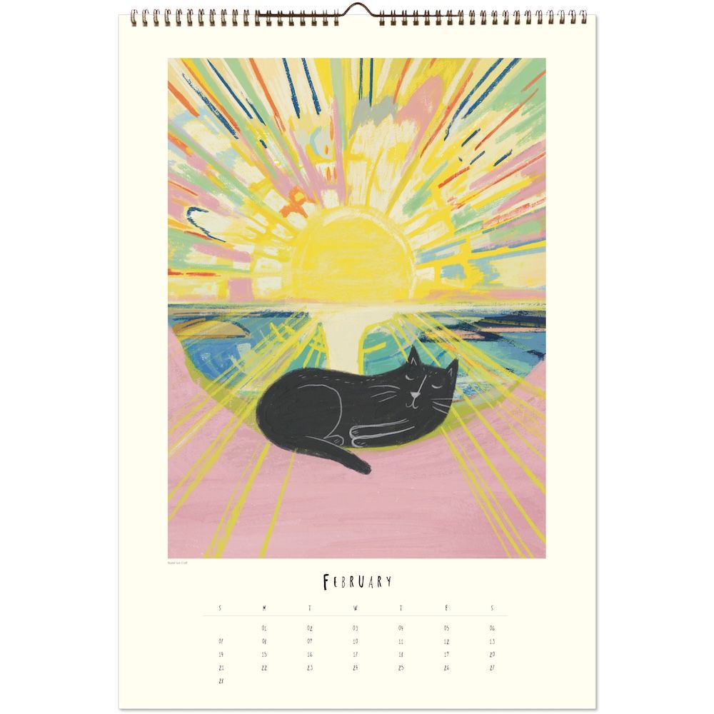 Calendar page with a colorful design of a sun and a black cat, featuring the month of February.