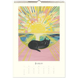 Calendar page with a colorful design of a sun and a black cat, featuring the month of February.