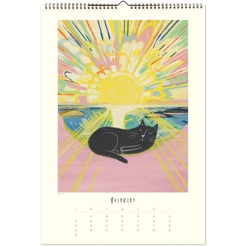 Calendar page with a colorful design of a sun and a black cat, featuring the month of February.