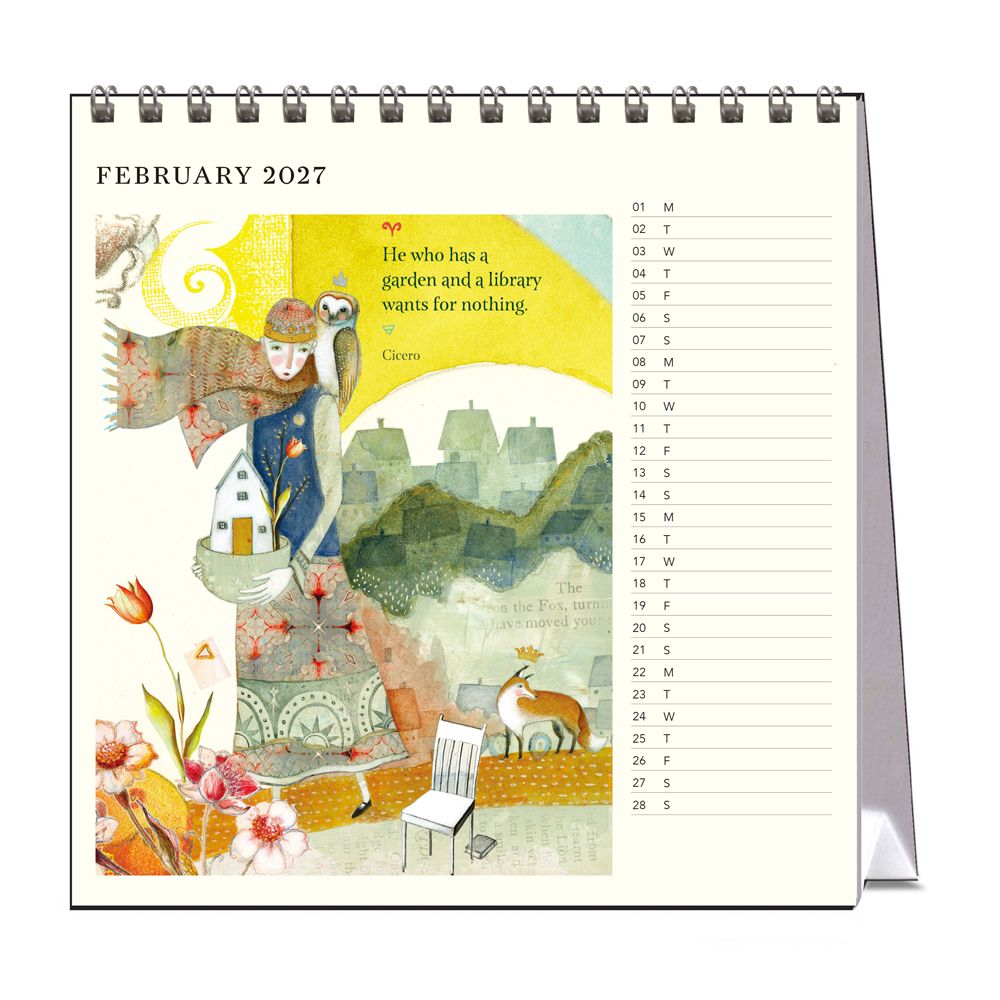 Calendar for February 2027 with a colorful illustration of a woman, bird, and garden.