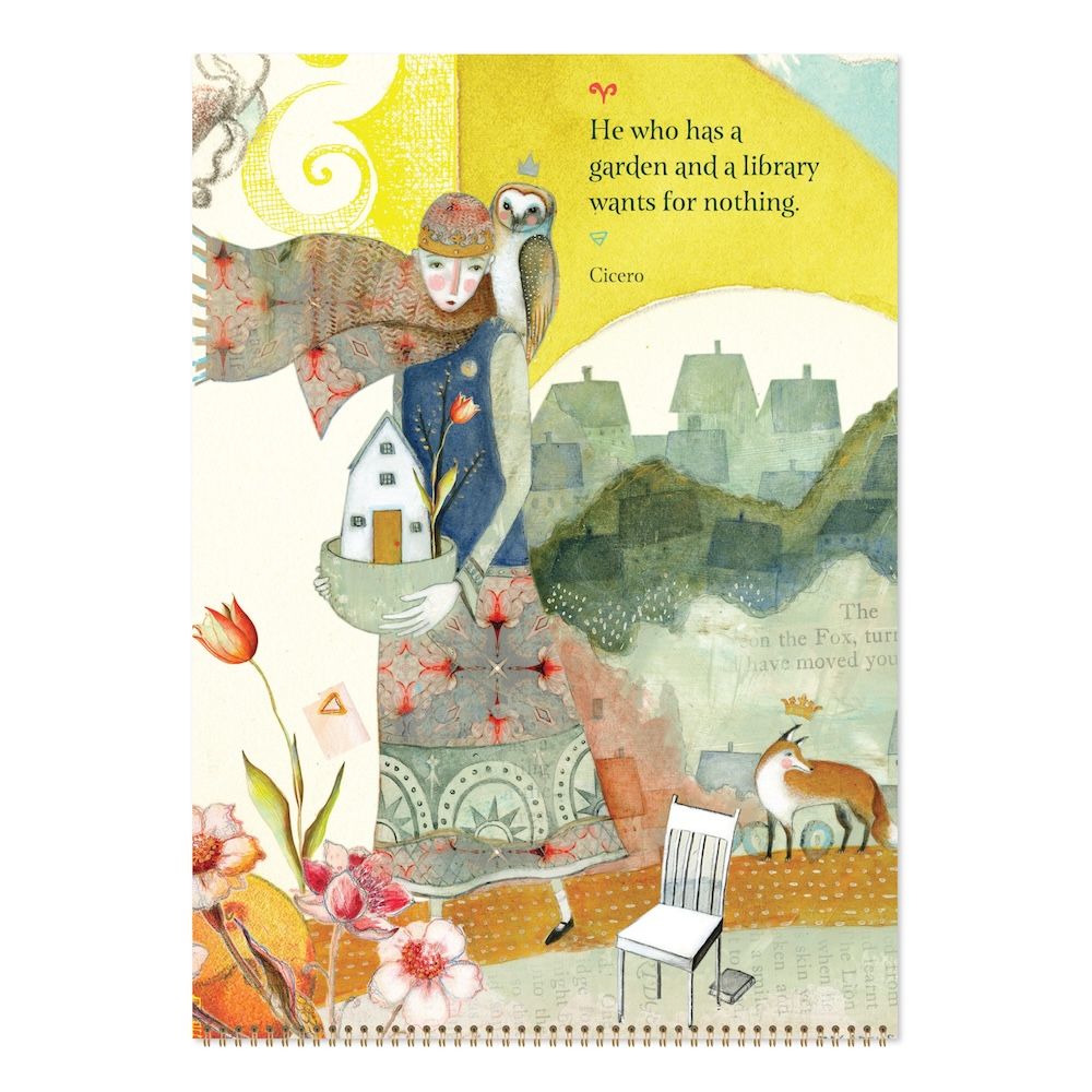Illustrated image with a woman, animals, and nature elements, featuring a quote by Cicero.