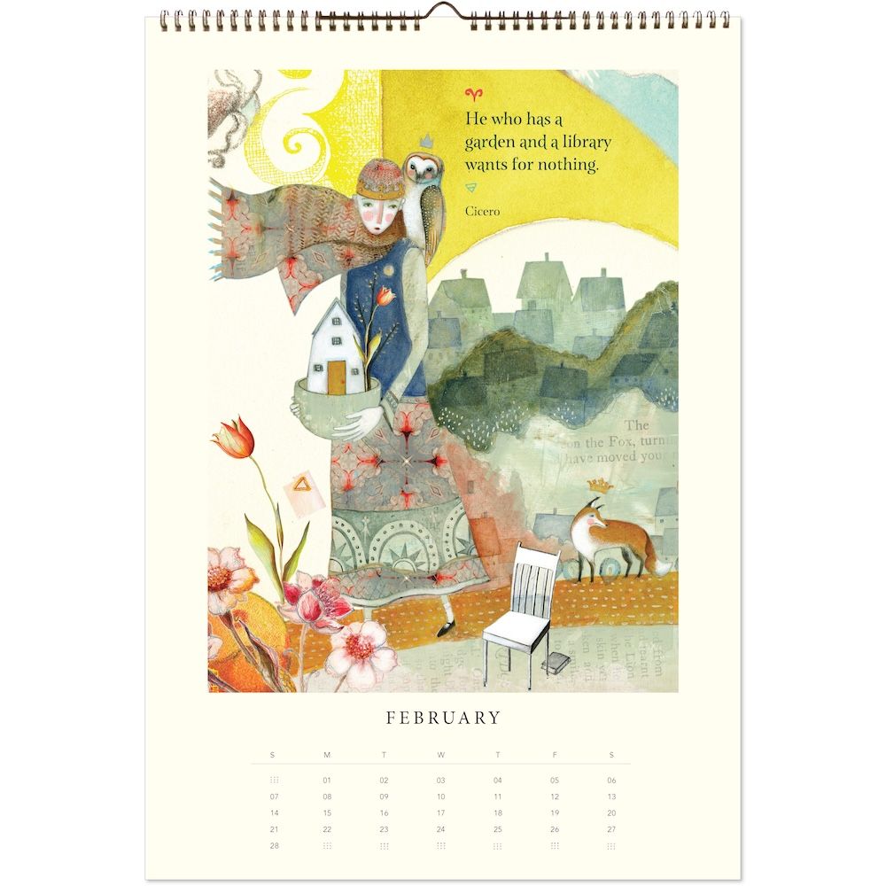 Illustrated calendar page for February with a woman, garden, and library scene.