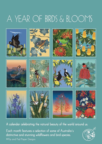 Calendar cover featuring illustrations of birds and flowers with a blue background