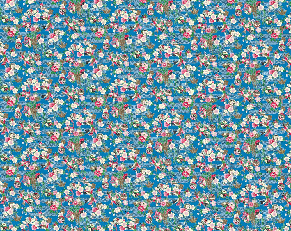 Floral pattern fabric swatch on a blue background