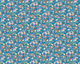 Floral pattern fabric swatch on a blue background