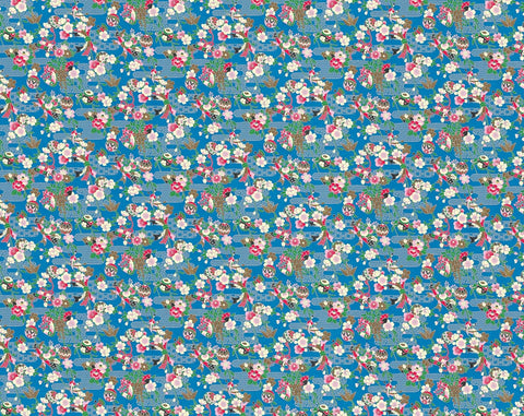 Floral pattern fabric swatch on a blue background