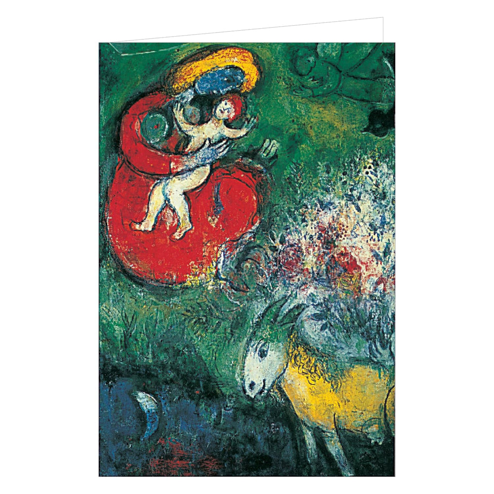 Painting of a cherub on a red sphere with a horse in the background