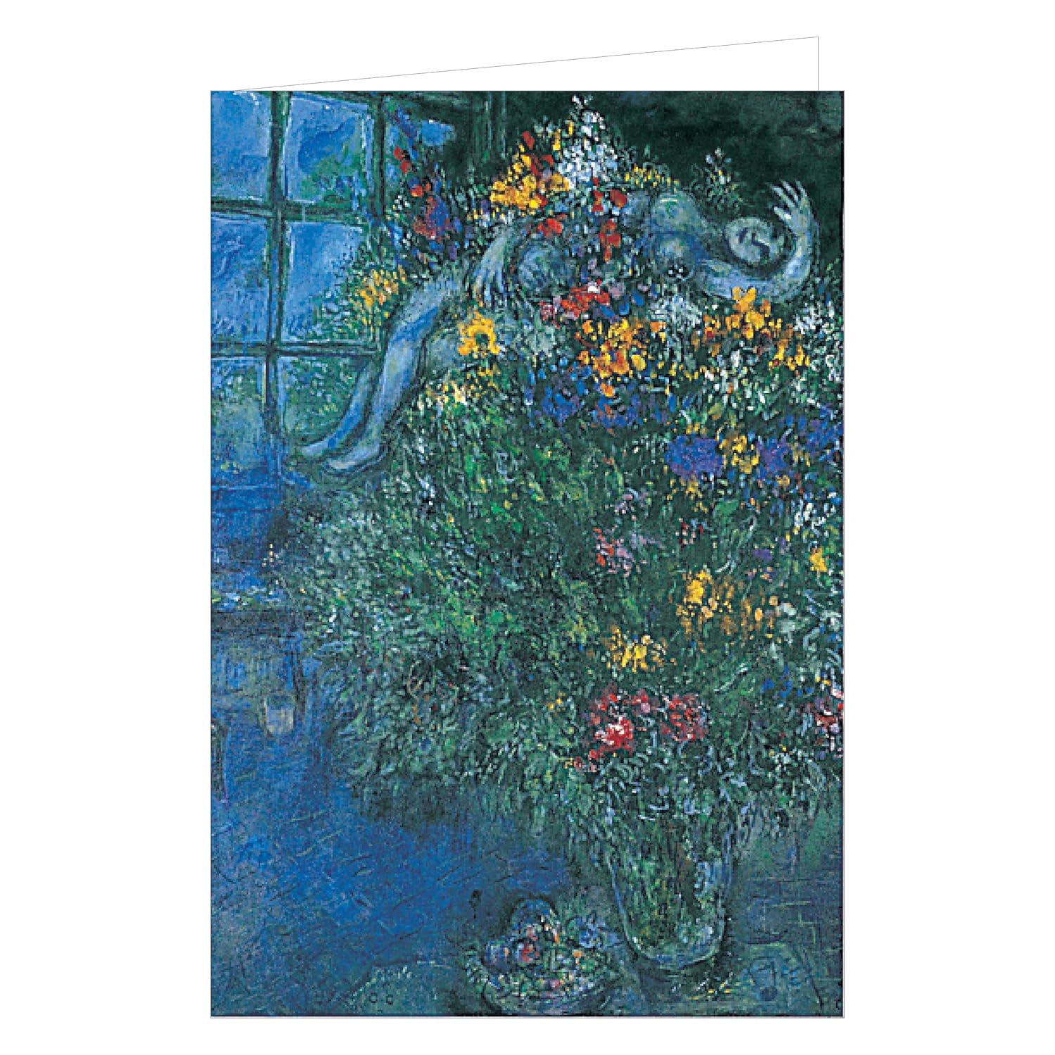 Greeting card with a painting of a woman by a window surrounded by flowers