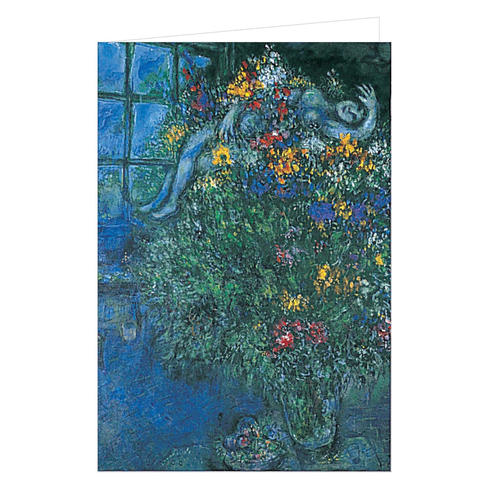Greeting card with a painting of a woman by a window surrounded by flowers