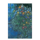 Greeting card with a painting of a woman by a window surrounded by flowers