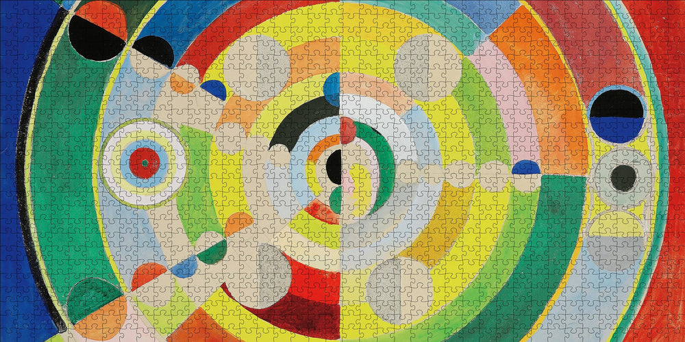 Colorful abstract design with concentric circles and geometric shapes on a red background