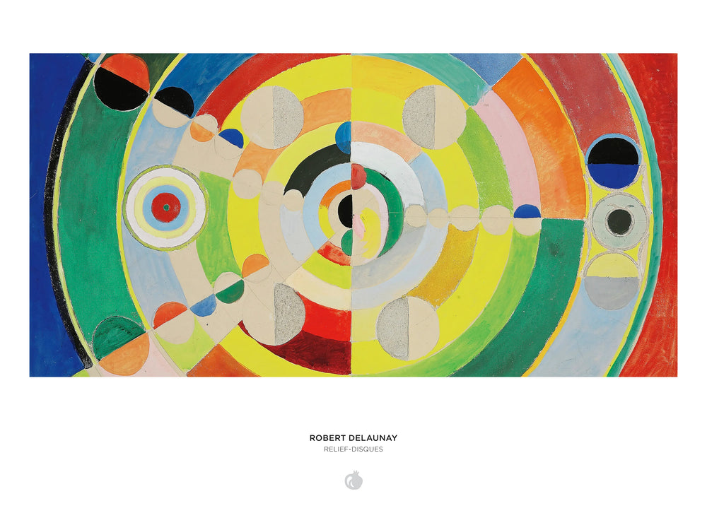 Colorful abstract circular design with concentric rings and geometric shapes, artist's name Robert Delaunay.