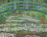 Painting of a Japanese bridge over water lilies with a blurred background
