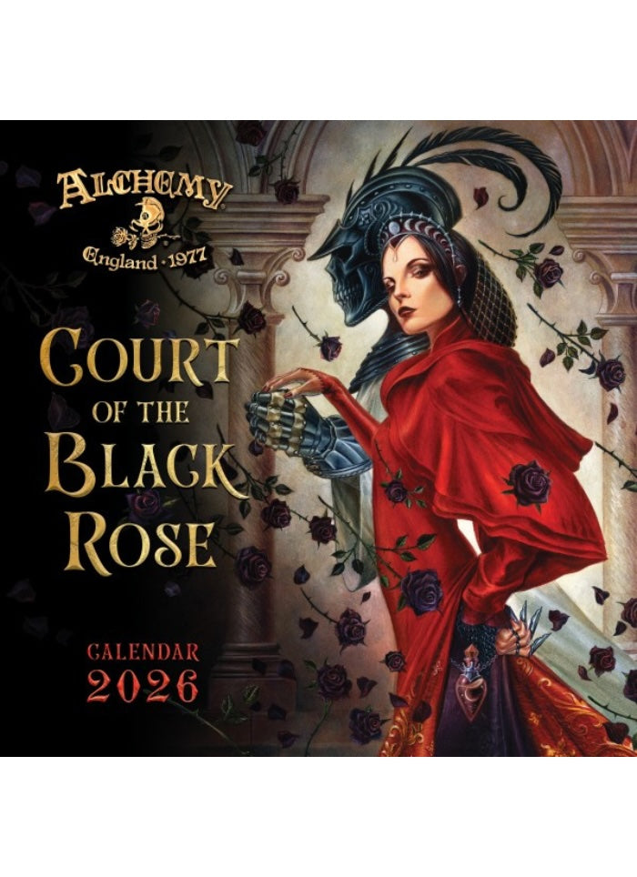 Calendar cover for 'Alchemy England 1977 Court of the Black Rose' featuring a woman in a red dress with black roses.
