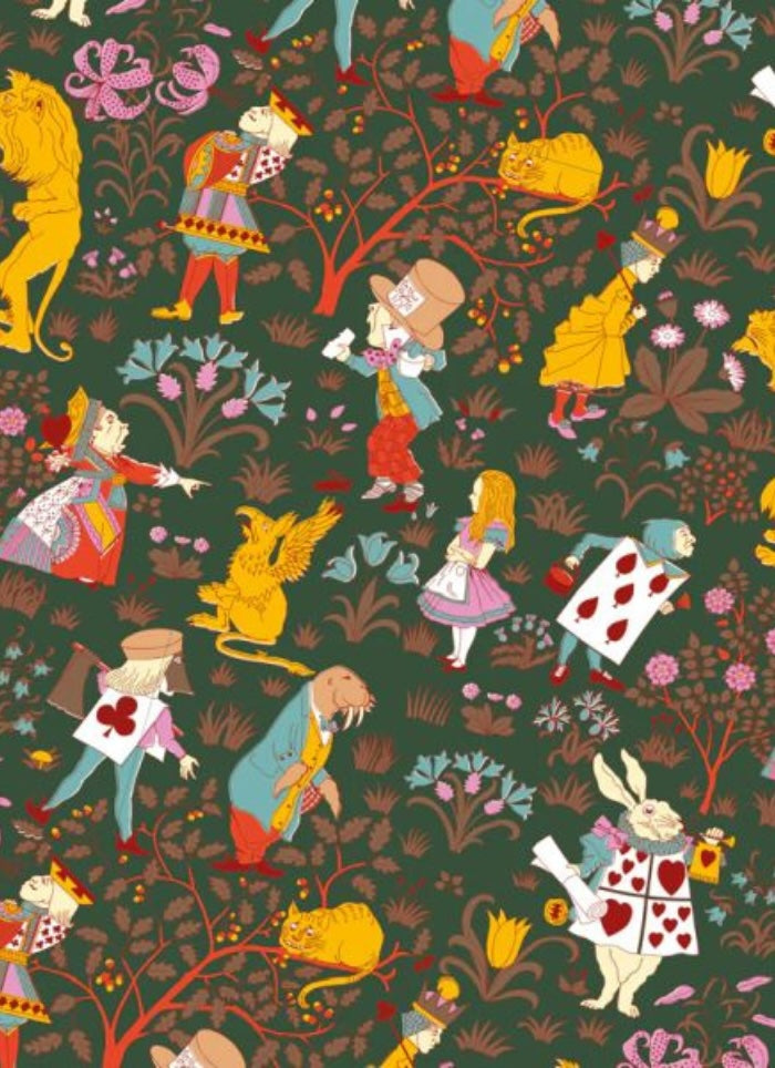 Colorful pattern of cartoon characters and animals on a dark green background