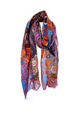 A lightweight scarf featuring a vibrant, multicolored Aboriginal dot art pattern with orange, blue, purple, pink, and black dots, draped on a plain white background.