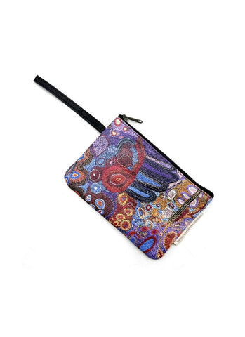 Colorful zippered pouch with abstract design on a white background
