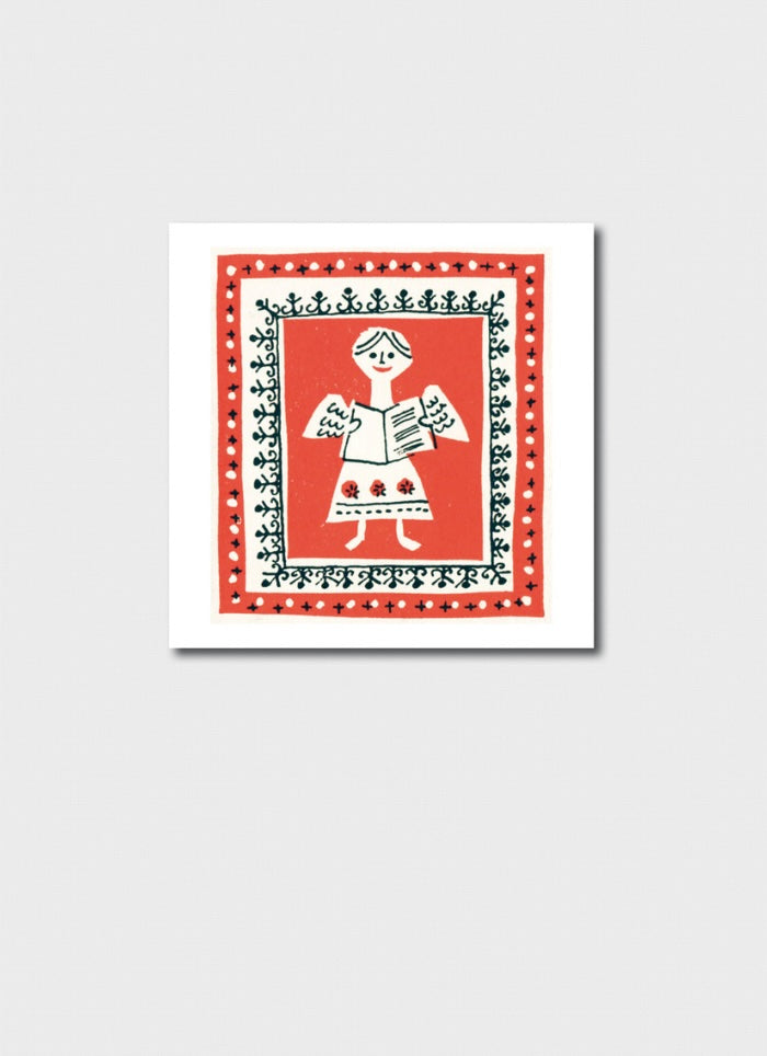 Decorative print with a red border and illustration of a girl reading a book on a white background