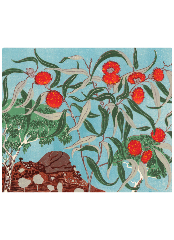 A card with a blue background and green tree branches with blossoms. Angela Newberry Art Card - Flowering Gum.