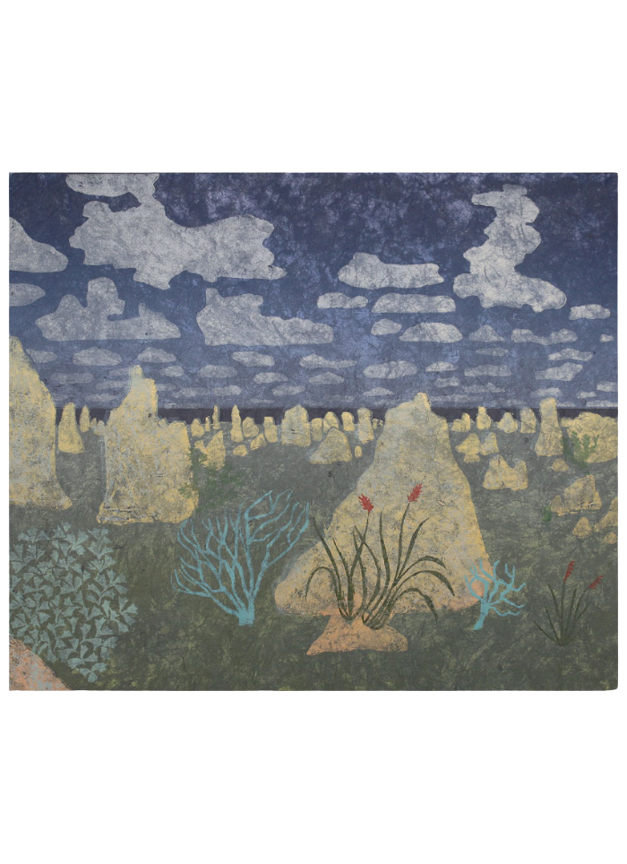 A card with artwork featuring a landscape with ant hills or rock formations on a dull green ground with a blue cloudy sky. Angela Newberry art card - Pinnacles.