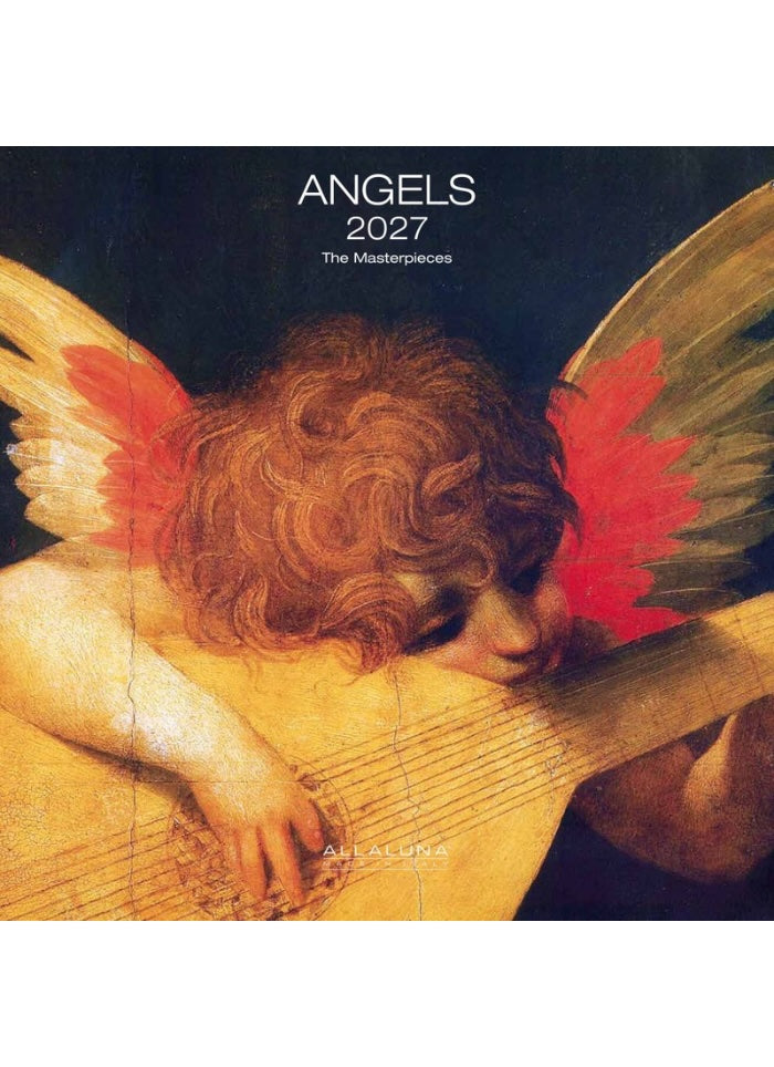 Calendar cover featuring an angel playing a lyre with 'Angels 2027 The Masterpieces' text.