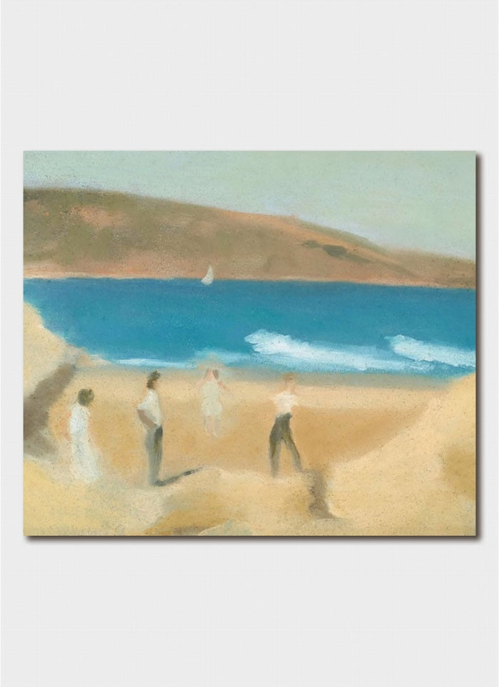 Painting of a group of people by a body of water with a sailboat.