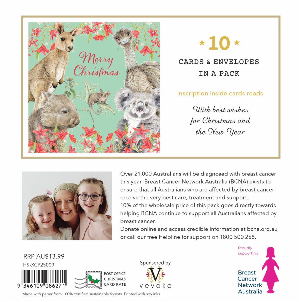 Packaging of Christmas cards with kangaroos and koalas, featuring Breast Cancer Network Australia information.