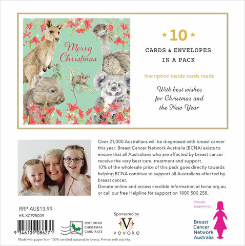 Packaging of Christmas cards with kangaroos and koalas, featuring Breast Cancer Network Australia information.