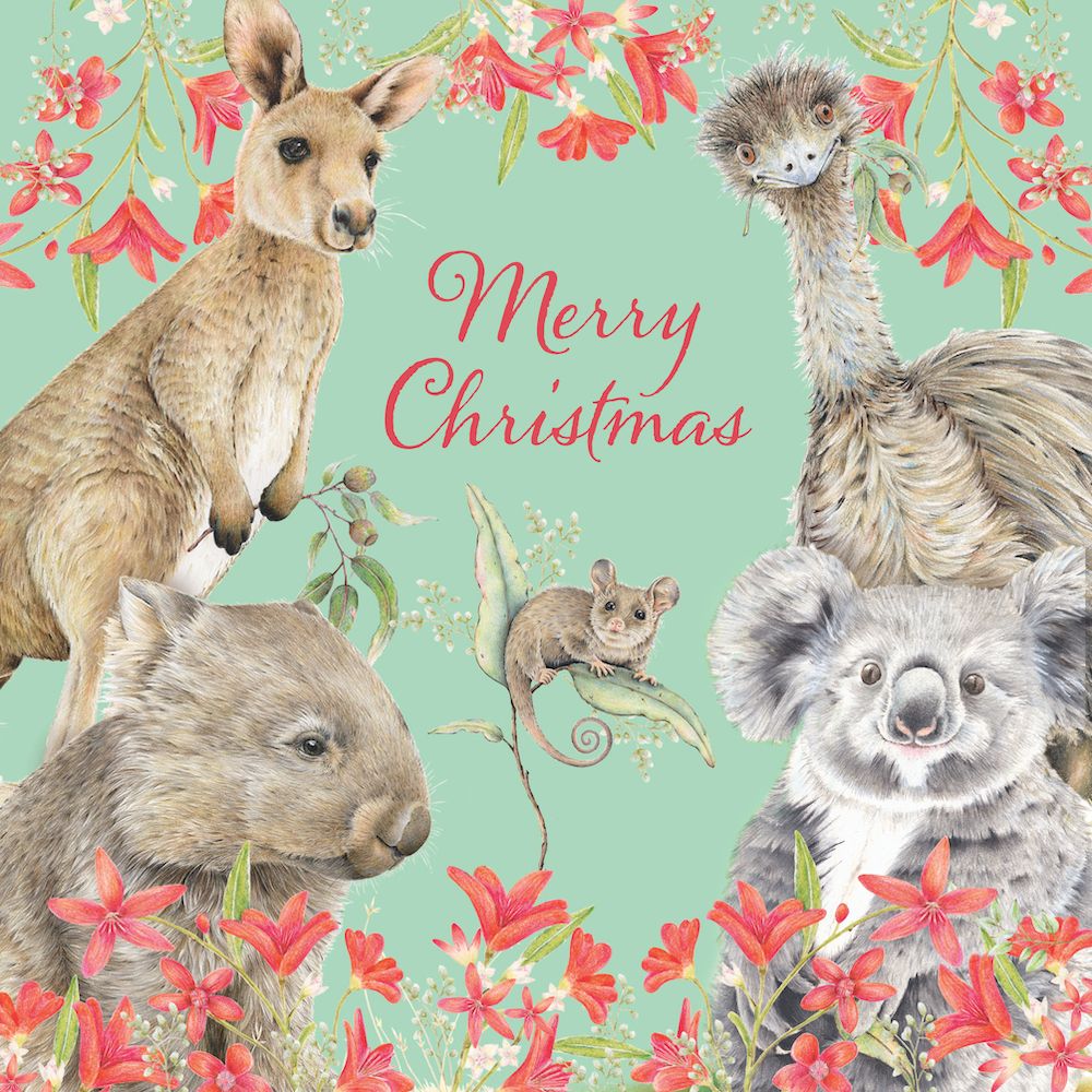 Christmas card with kangaroo, emu, koala, and possum surrounded by flowers on a teal background.