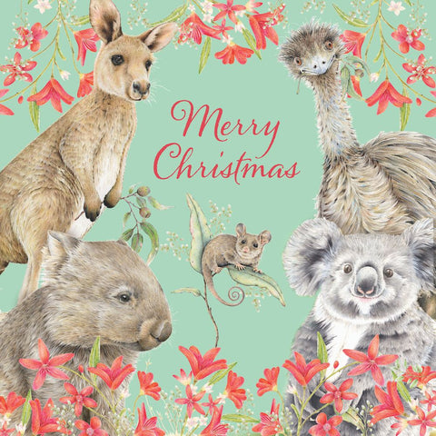 Christmas card with kangaroo, emu, koala, and possum surrounded by flowers on a teal background.