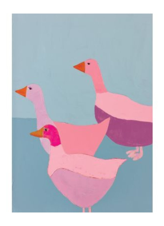 A card with a blue background and 3 geese in shades of pink.