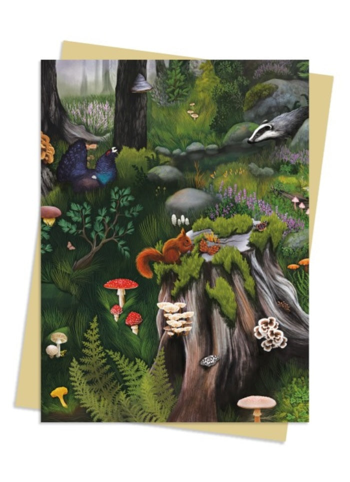 Greeting card with a forest scene featuring animals and nature elements.