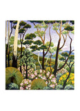 A square card with green trees and flowering bushes with mountains in the background