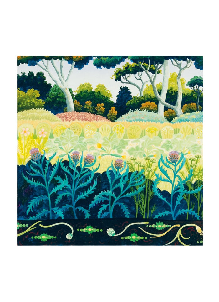 Ros of pants in the foreground and trees and bushes in the background in greens and yellows.
