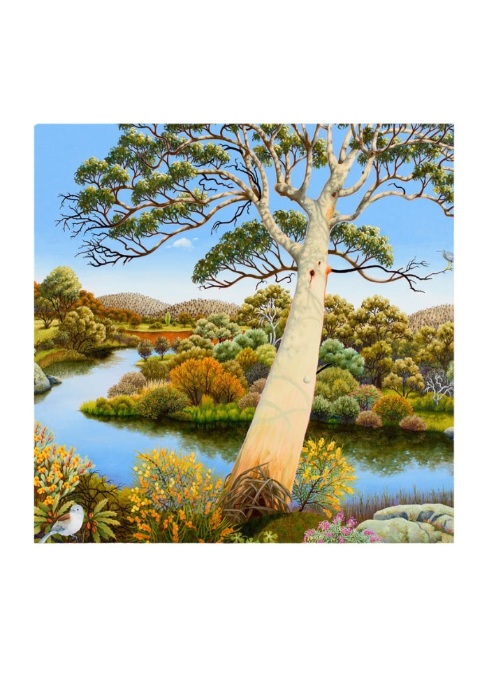 A winding river with bushes on the banks and one large tree in the foreground.