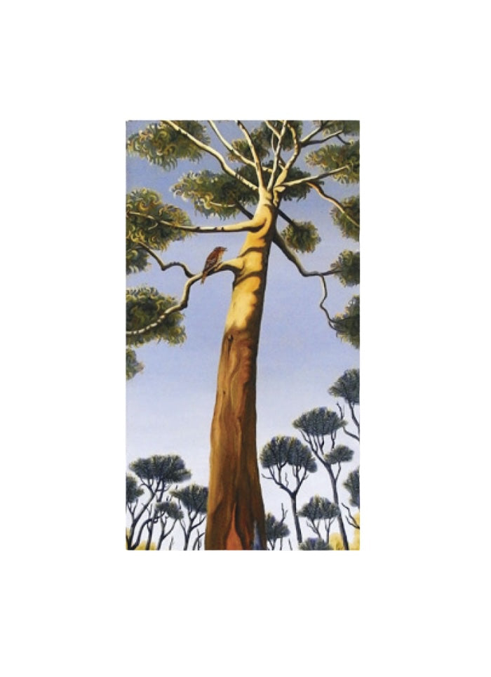 A tall tree with a blue sky behind it and a bird in a high branch