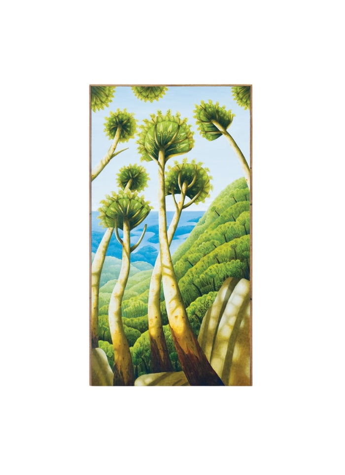 Bent trees with green tops and green hills in the backround
