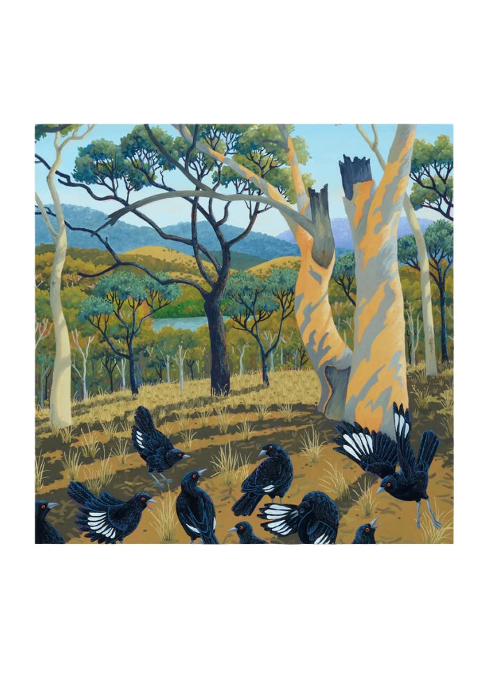 Gum trees on a hill with a lake in the background and magpies on the ground.