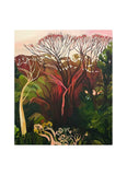 A landscape of trees in greens and reds.